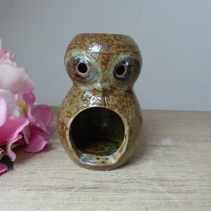 Könnte beinhalten: Ein Keramik-Ölbrenner in Form einer Eule mit einer braunen und grünen, gesprenkelten Glasur. Die Eule hat große, runde Augen mit schwarzen Pupillen und einen kleinen, runden Schnabel.