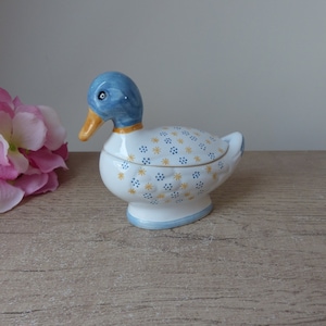 Caja de cerámica con forma de pato y tapa pintada a mano, Cerámica francesa, Azucarero con forma de pato, Salero con forma de pato, Terrina pequeña con forma de pato