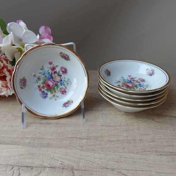 Set de 6 petits bols au motif de fleurs en porcelaine vintage, coupelles pour compote, crème, fruits, petite vaisselle à dessert vintage