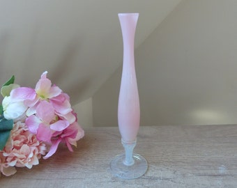 Small Romantic Pink Soliflore Vase in Opaline with Opalescent White Twisted Foot Decoration Bedroom Boudoir Living Room Vintage