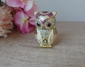 Pilulier Boite à Bijoux Miniature Boite à Secrets Articulée Chouette Hibou en Métal Emaillé avec Strass Vintage