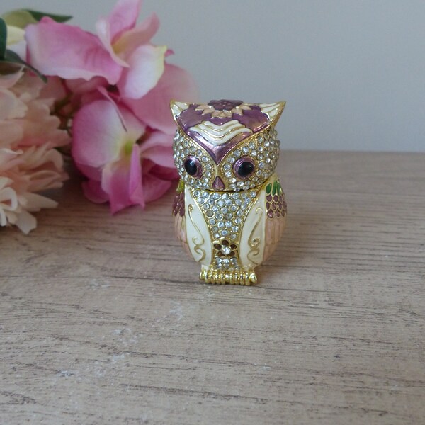 Pilulier Boite à Bijoux Miniature Boite à Secrets Articulée Chouette Hibou en Métal Emaillé avec Strass Vintage