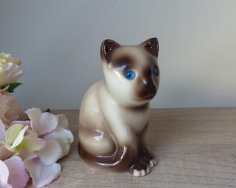 Statuette Chat Siamois Elpa Céramique Yeux Bleus - Vintage - Hauteur 22 Cm