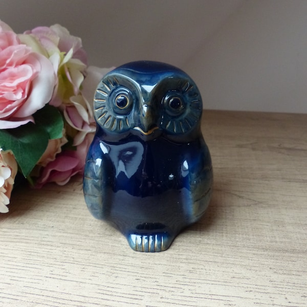 Statuette Chouette Hibou Bleu en Résine Naturelle Fabrication Française Vintage Cadeau Collection Décoration Intérieure