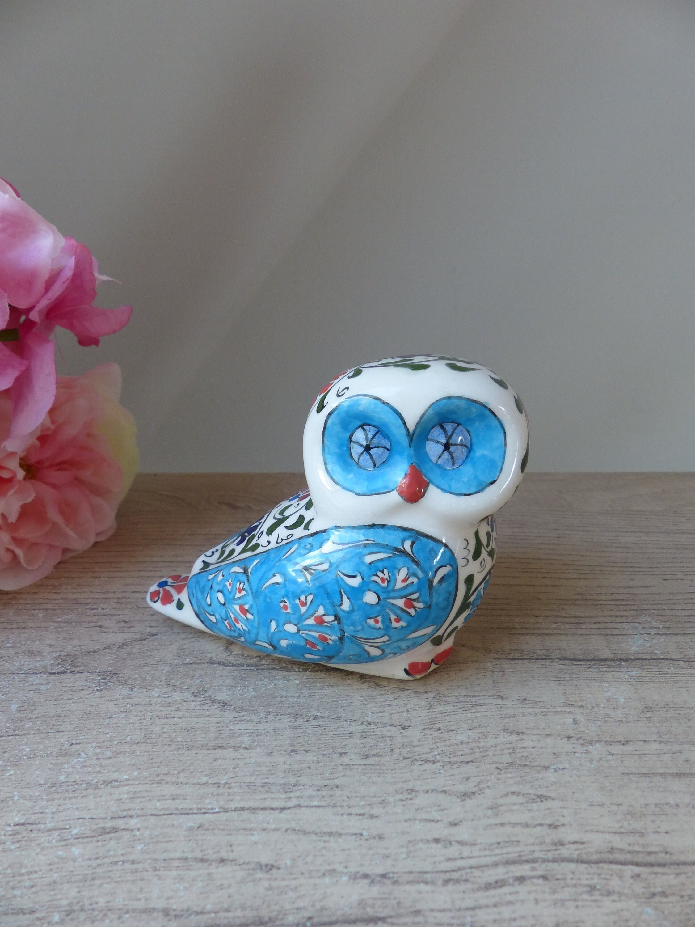 Hand painted ceramic blue owl figurine, signed, handmade blue owl, country house decoration, seaside
