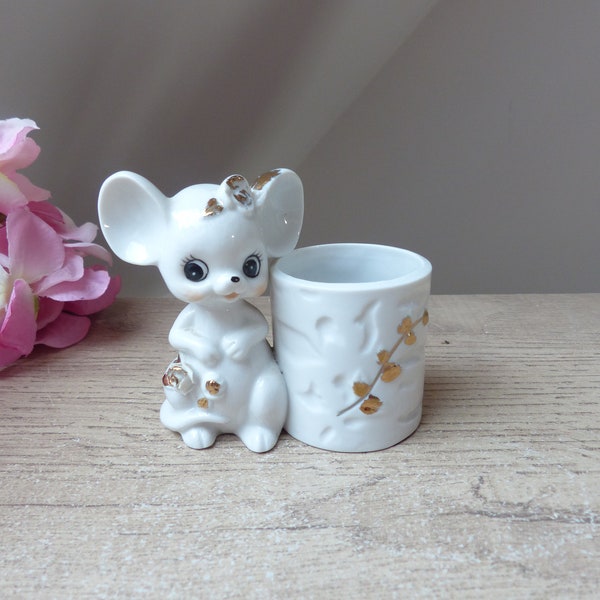 Vintage mignonne souris en porcelaine avec bougeoir, figurine souris collection, souris cadeau décoration chambre enfant