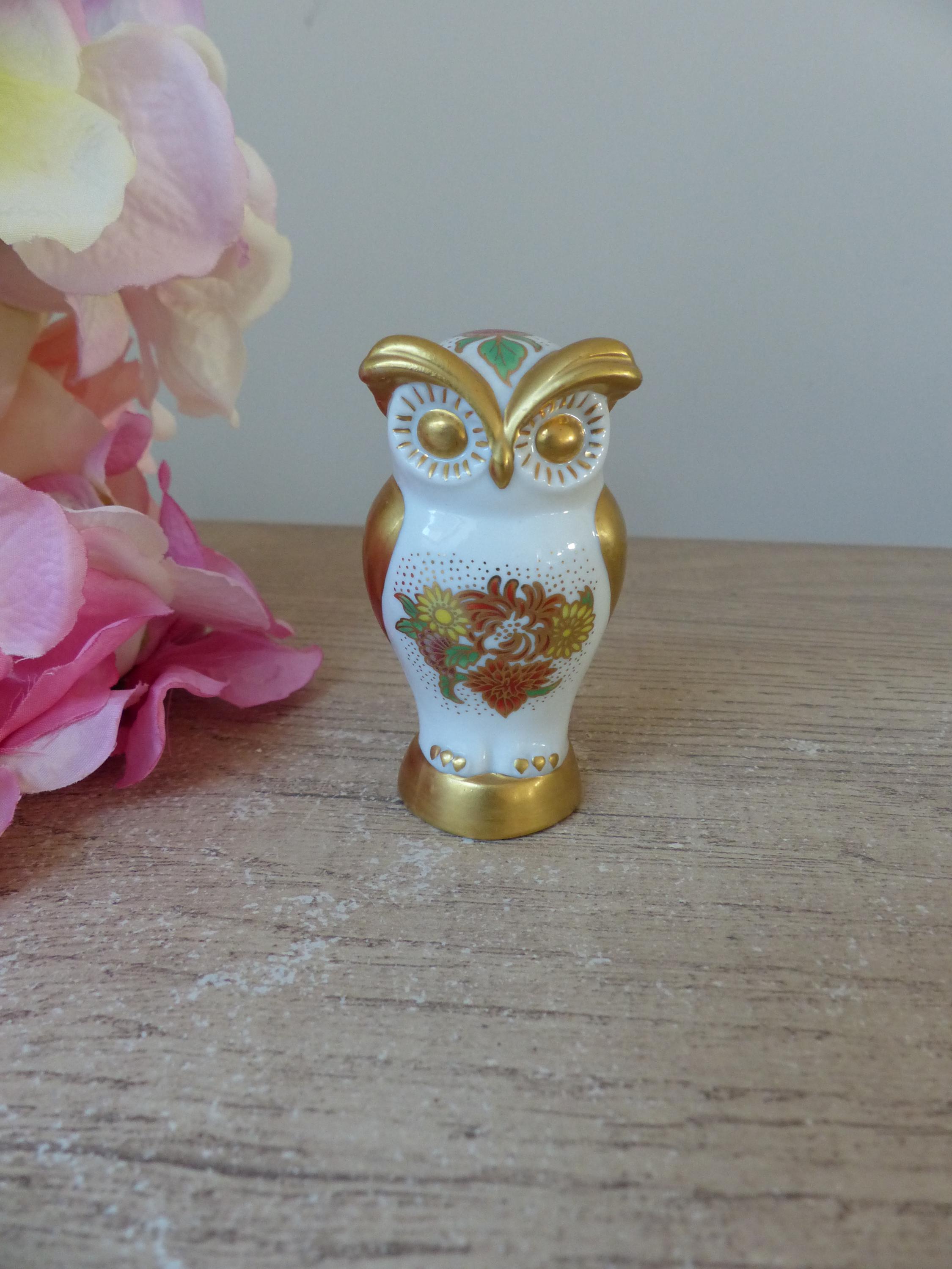 Rare figurine vintage hibou doré en porcelaine blanche décor fleuri, figurine miniatur