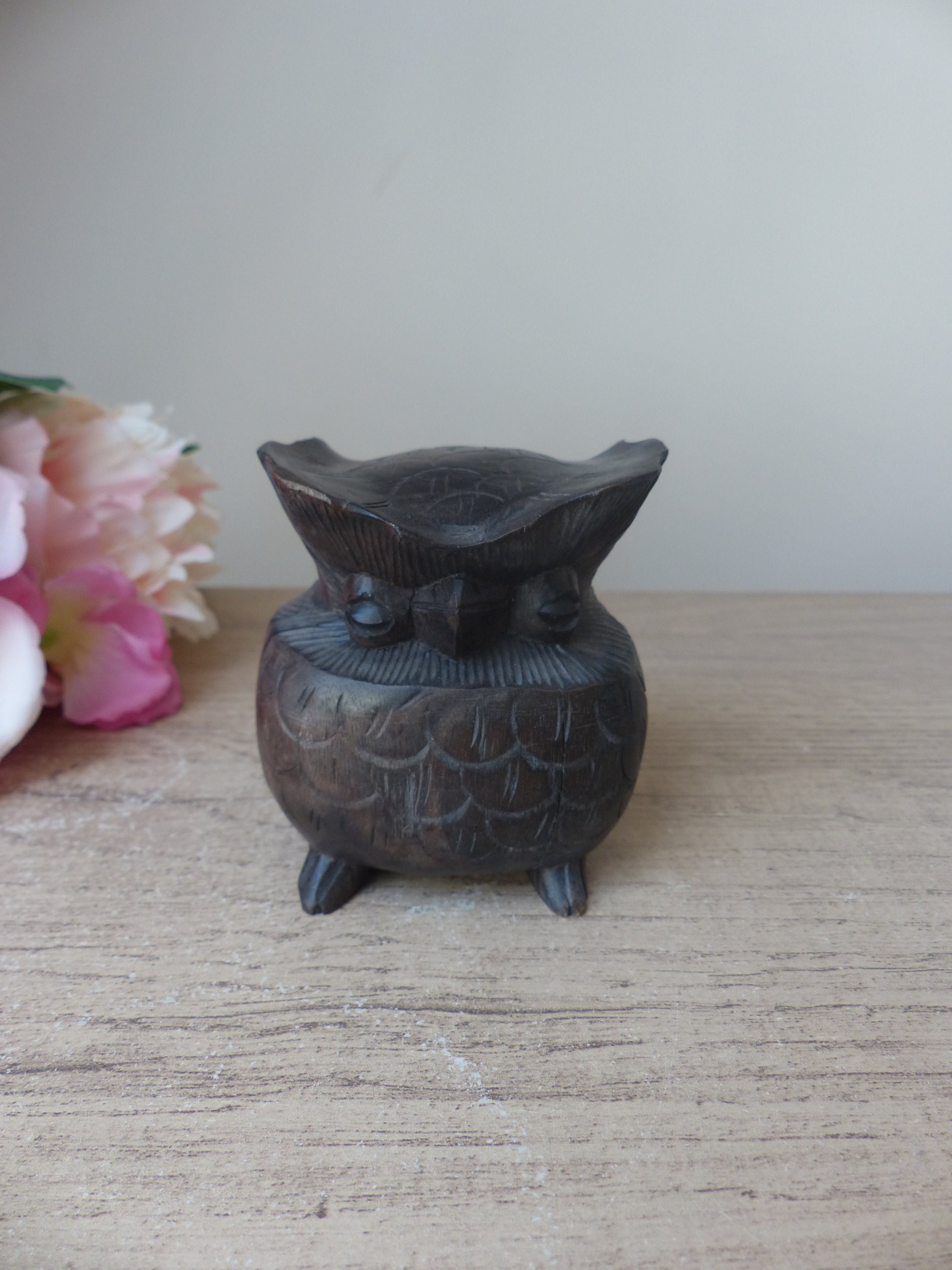 Figurine Vintage Chouette / Hibou Sculpt&eacute;e &agrave; la Main &ndash; Bois Dur et Plein &ndash;