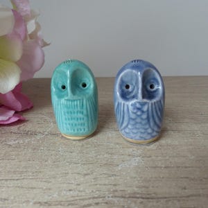 Op de afbeelding: Een set van twee keramische zout- en peperstrooiers in de vorm van uilen. De uil links is tealblauw en de uil rechts is blauw.