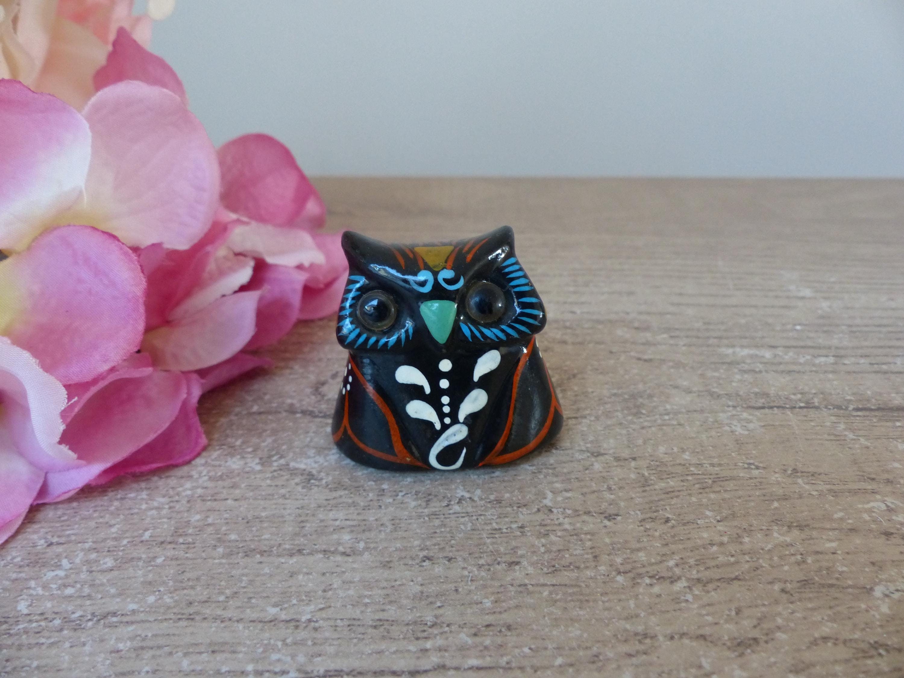 Figurine Hibou Miniature Vintage Color&eacute; &ndash; Peinte &agrave; la Main &ndash; Porte‑bonhe