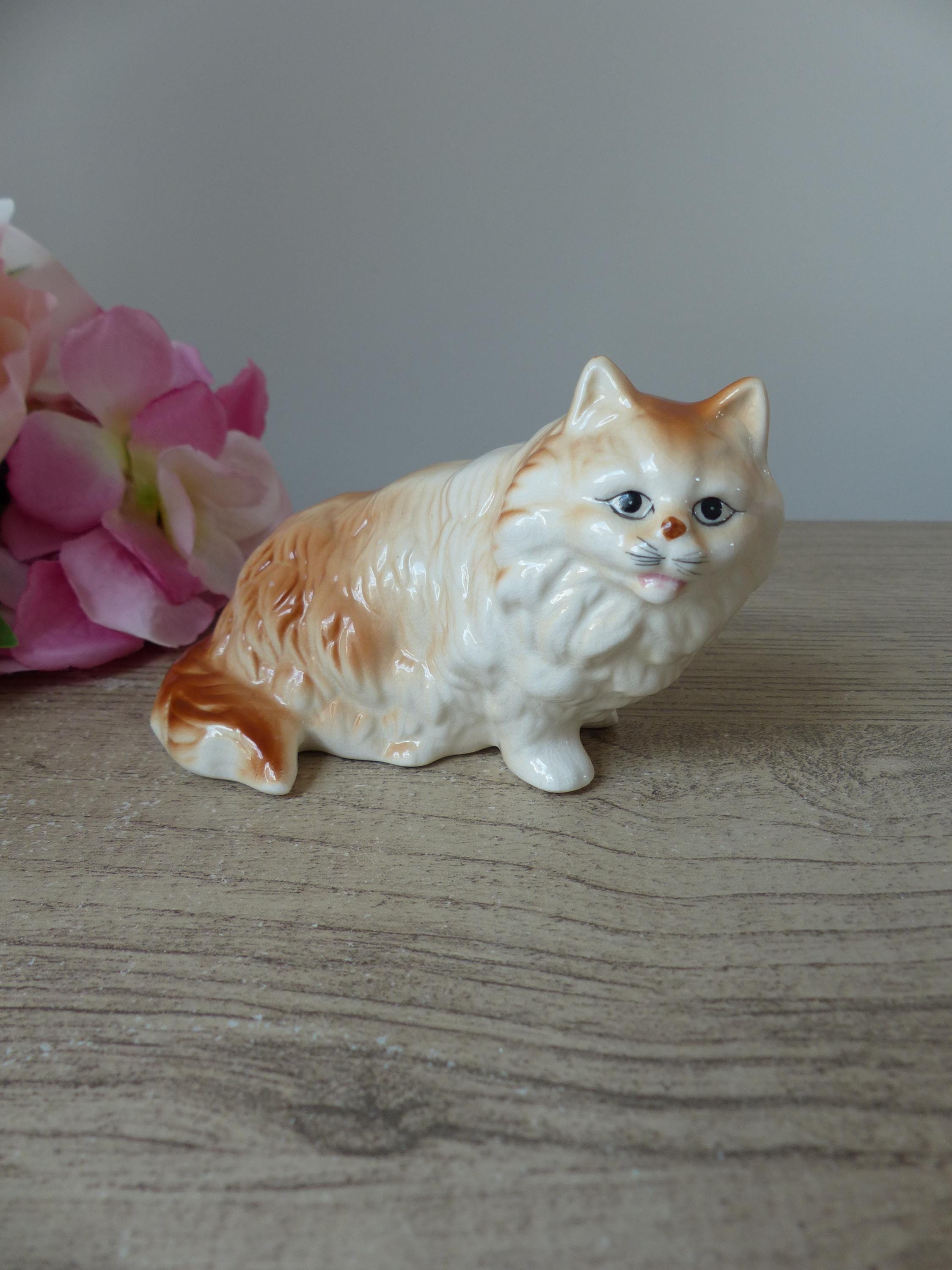 Figurine De Chat Assis En Céramique – Yeux Verts, Orange Roux, Vintage