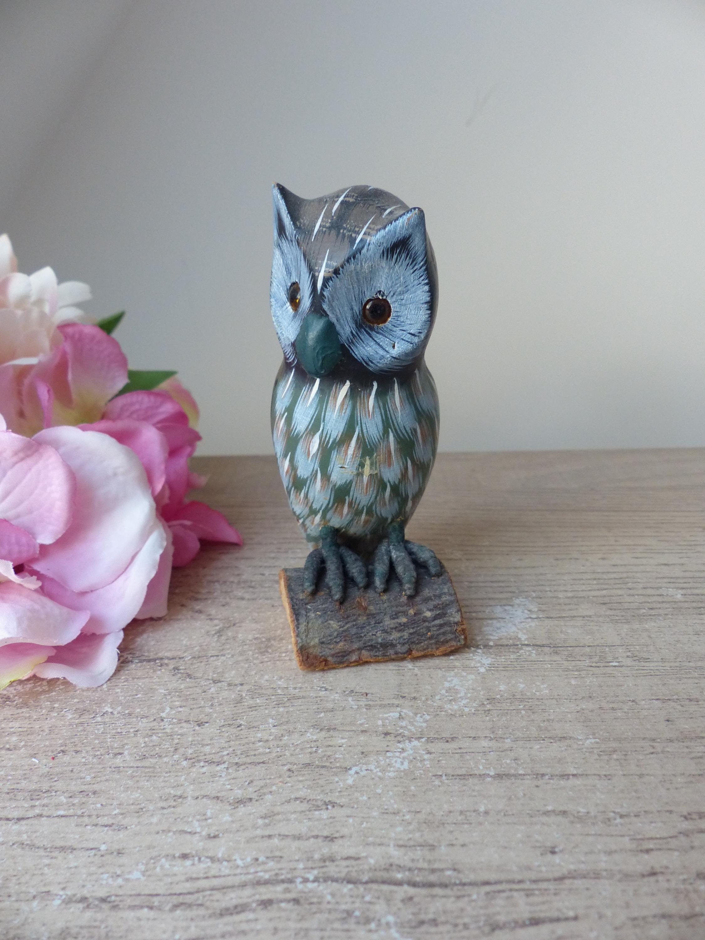 Ancienne Statuette Figurine Chouette Hibou en Bois Sculpté sur Socle Ecorce de Bois Vintage D