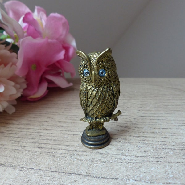 Figurine miniature hibou en laiton Grèce, miniature mythologie grecque, chouette d'Athéna yeux bleus