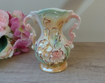 Vintage petit vase irisé en céramique décor floral à double poignées fabriqué au Brésil, cadeau, décoration intérieure