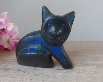 Figurine de chat miniature cloisonné noir sur socle en bois , chat