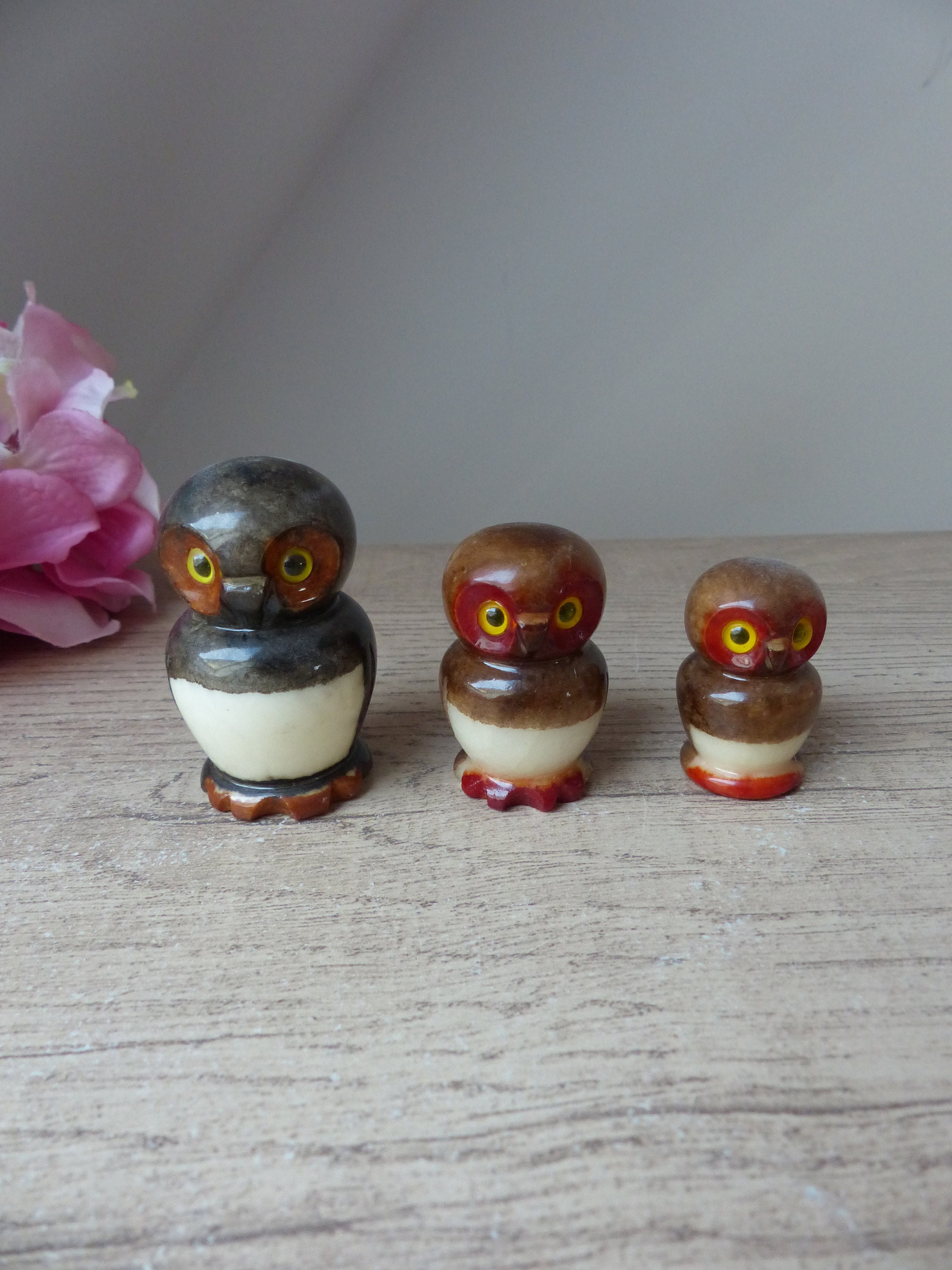 Famille de chouettes vintage en albâtre – 3 figurines anciennes en pierre - Trio de hibo