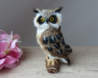 Faux fur owl figurine, furry owl sculpture, vintage owl statuette, owl country cottage decoration
