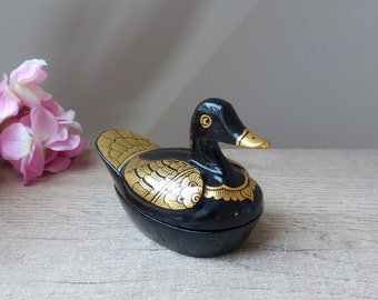 Vintage Duck Box, trinket box, black and gold duck box, Peking duck box, black duck figurine