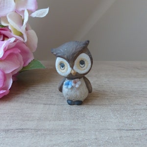 Vintage brown porcelain owl figurine, cute little owl figurine with flowers, Singapore collection