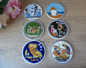 Set of 6 Tassoulis and Ariadne ceramic coasters Handmade in Greece, Souvenirs of Greece Bar Bistro Decoration, Owls Collection