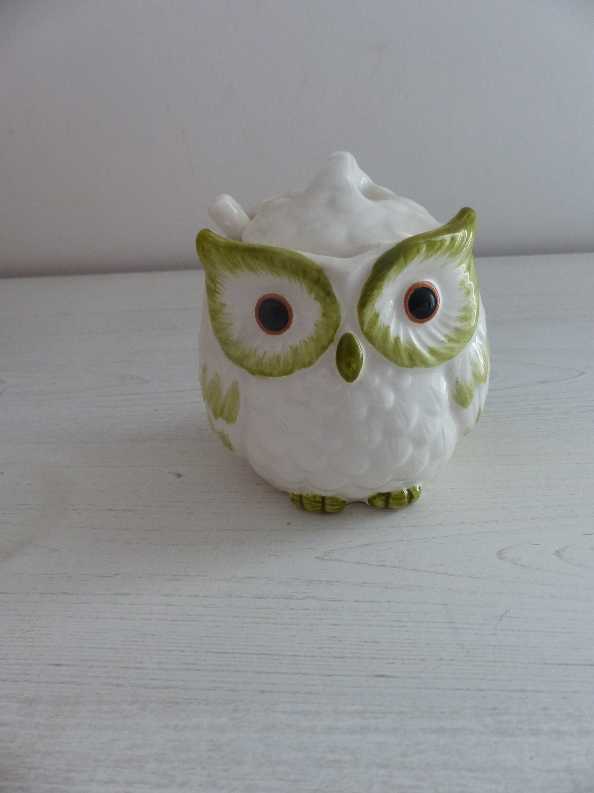 Pot Chouette/ Hibou en Céramique avec Cuillère Vintage