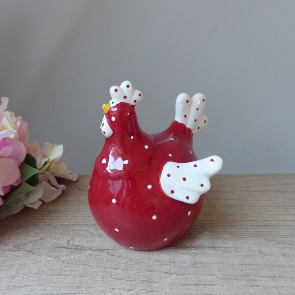 Figurine poule, coq, poulet en céramique, figurine poule de collection, poule rouge à pois, décoration cuisine Pâques