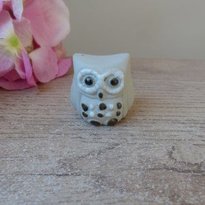 Könnte beinhalten: Eine kleine Keramik-Eulenfigur mit schwarzen und weißen Punkten. Die Eule ist grau und hat schwarze Augen.