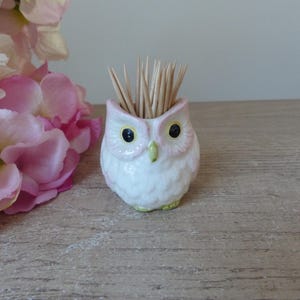 Può includere: Porta stuzzicadenti in ceramica bianca a forma di gufo con accenti rosa e occhi neri. Il gufo tiene gli stuzzicadenti nel becco.