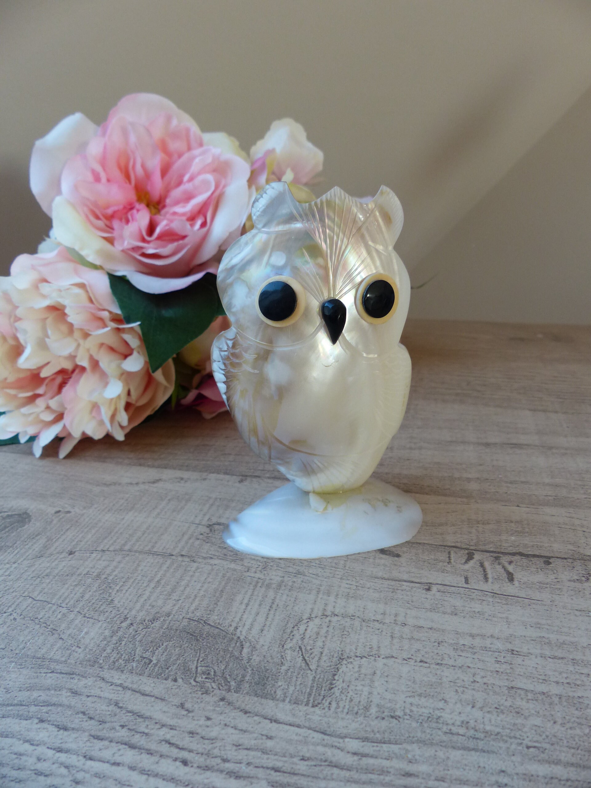 statuette Vide Poche Chouette Hibou en Coquillage Nacre Vintage