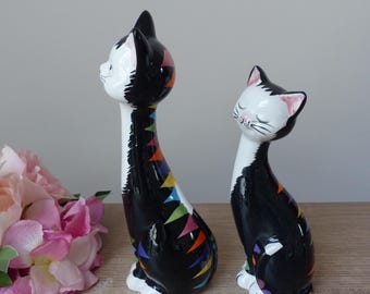 Lot De 2 Figurines Chats Céramique – Noir Et Blanc, Modernes, Vintage