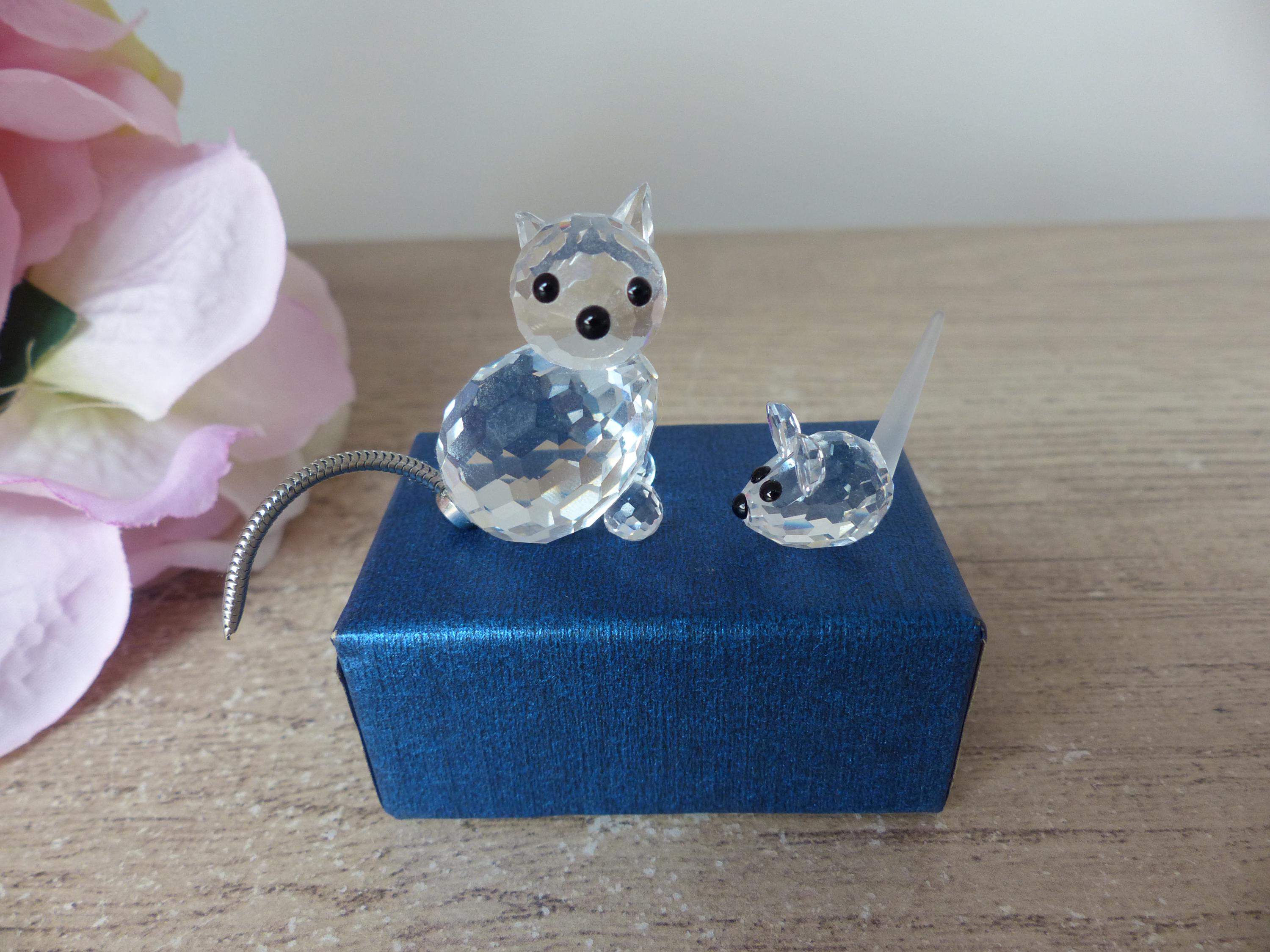Swarovski　猫　2点　置物 Swarovski Cat With Metal Tail 010011 Mini Kittycat - Vintage