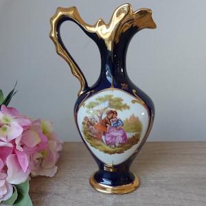 Antique cobalt blue and gold porcelain soliflore vase, romantic carafe needle gallant scene France, couple gift, home decoration
