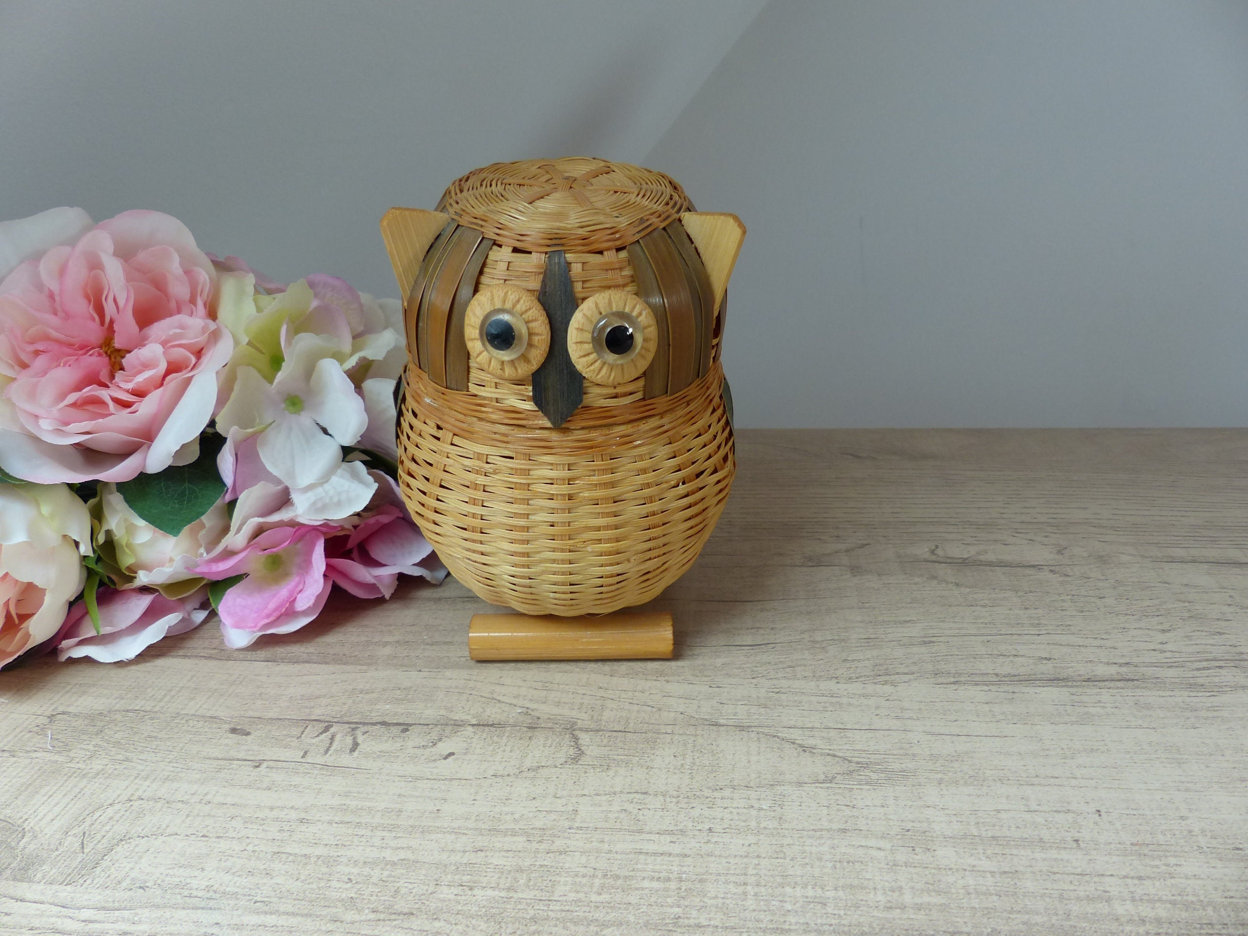 Petit Panier Boite Chouette Hibou en Osier Vintage 1970