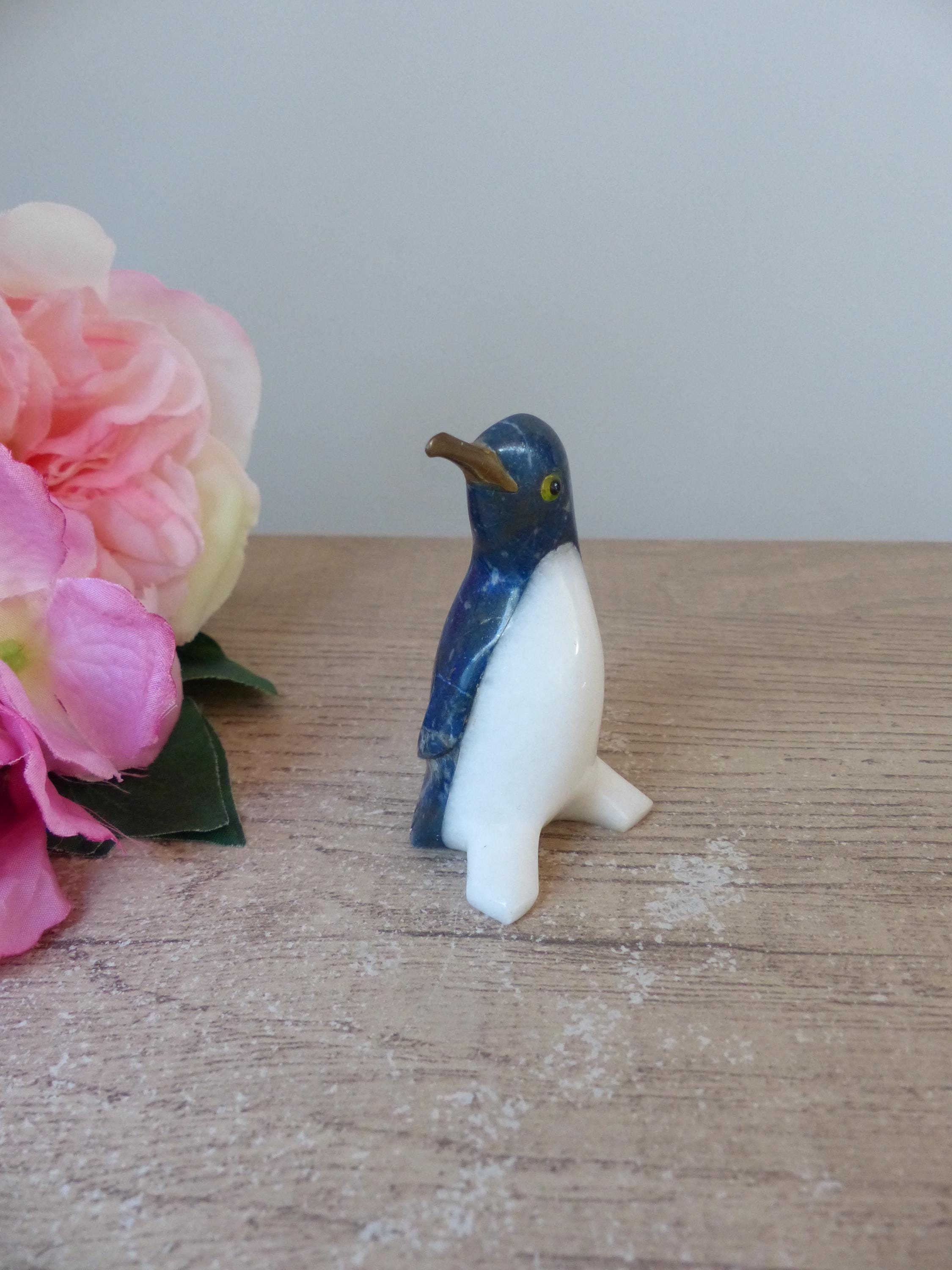 Penguin Figurine in Lapis Lazuli and White Marble - Handmade