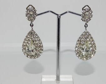 Vintage Costume Jewellery Teardrop Rhinestone Clip On Earrings