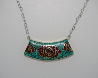 Turquoise Coral Mosaic Pendant Necklace on Silver Heart links  Choker Style Chain