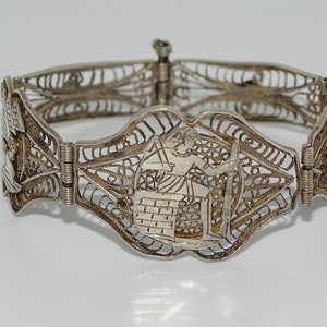 Vintage Egyptian revival Egyptian silver hallmarks filigree panels/ links bracelet