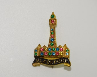 Vintage 1940's goldtone costume jewellery Blackpool Tower/ Blackpool illuminations brooch with coloured rhinestones