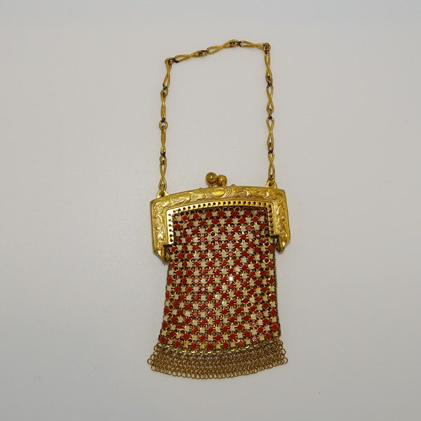 Vintage miniature gold tone metal chain mail purse/ bag with red and white coloured enamel- Chatelaine purse