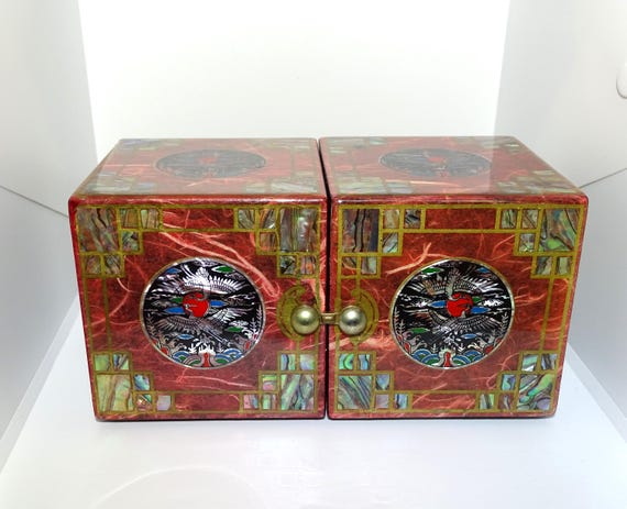 Vintage Chinese Mother of Pearl Lacquer hinged cubic jewellery box/cabinet with 4 drawers/ Oriental Double Folding Compartment Case