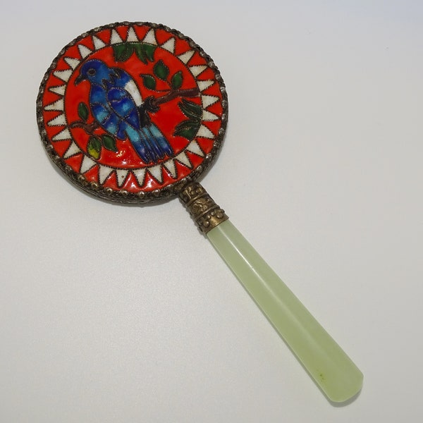 Beautiful ornate blue bird cloisonné enamel design metal hand mirror with jade handle