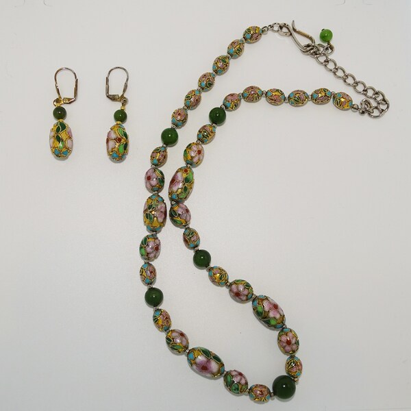 Chinese Cloisonne enamel goldtone metal and jade beads necklace and pierced earring set
