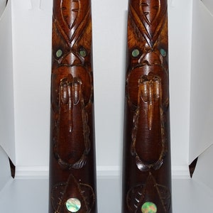 Maori New Zealand large wood carved Tiki face salt and pepper pots inset with paua shell eyes and tops