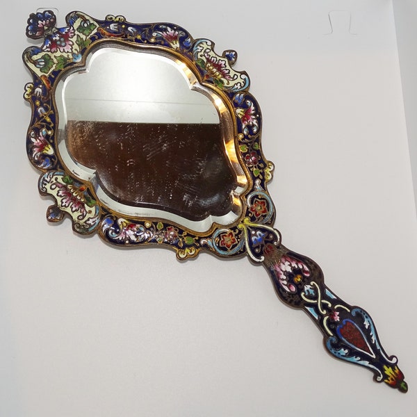 Beautiful Antique French Champlevé cloisonné enamel and metal bevelled glass hand mirror- Damaged