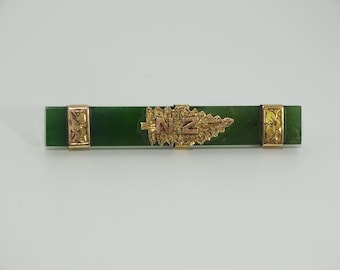 Antique New Zealand Greenstone Jade souvenir bar brooch with metal embellishments
