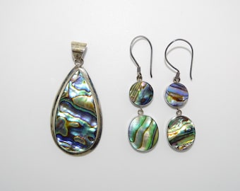 Sterling Silver Abalone Shell Teardrop Pendant and Drop Earrings Set