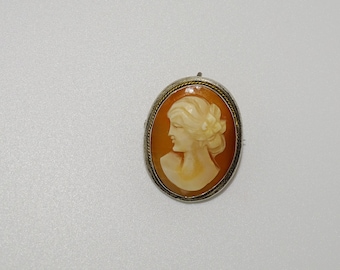 Vintage carved shell cameo and 800 silver brooch/ pendant