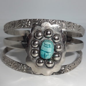 vintage metal Egyptian revivalist cleopatra cuff bracelet inset with ceramic scarab beetle