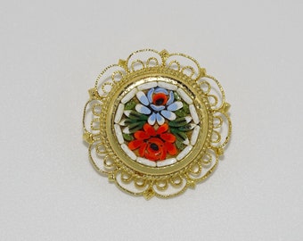 Vintage costume jewellery floral micro mosaic circular brooch - beautiful