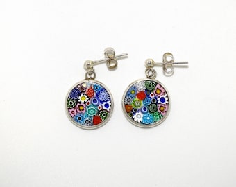 Sterling Silver Millefiori Glass Dangle Pierced Earrings – Colourful Floral Design